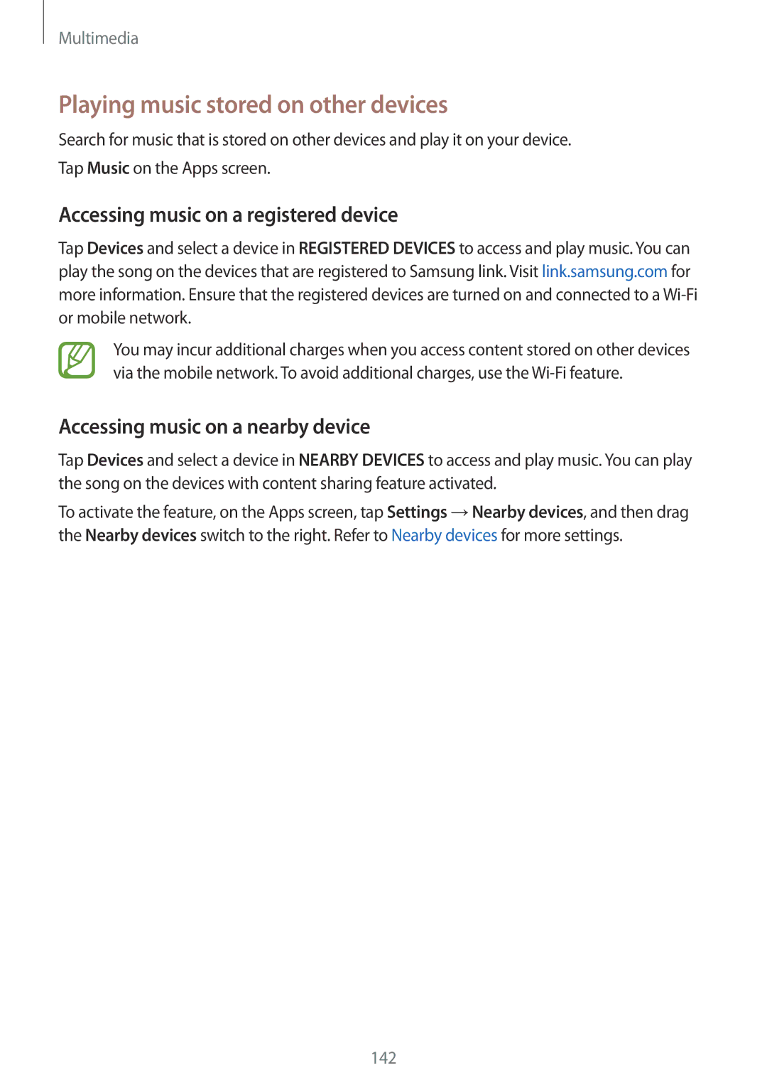 Samsung SM-G901FZWAVGR, SM-G901FZKACOS manual Playing music stored on other devices, Accessing music on a registered device 