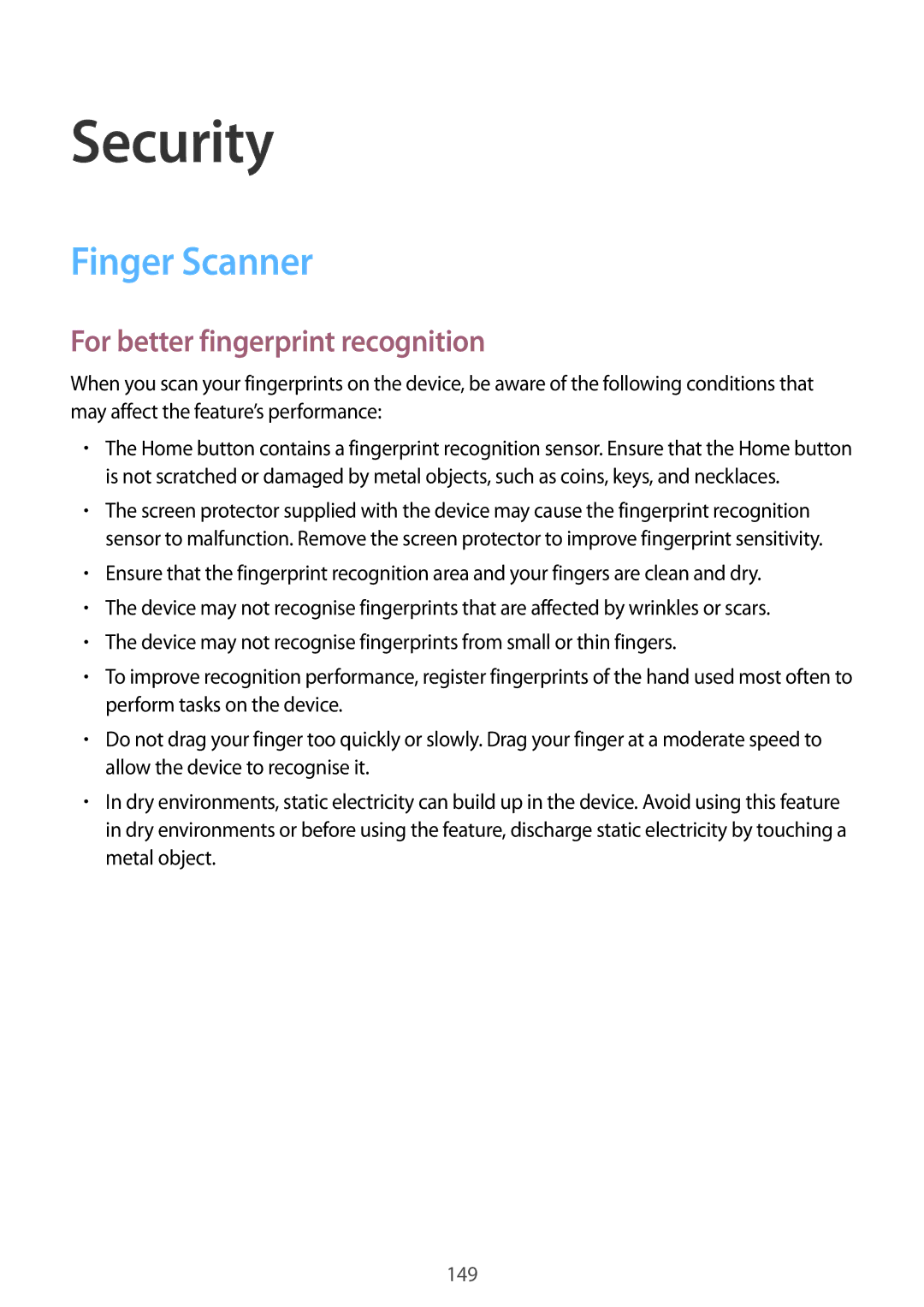 Samsung SM-G901FZBADTM, SM-G901FZKACOS, SM-G901FZDABAL manual Security, Finger Scanner, For better fingerprint recognition 