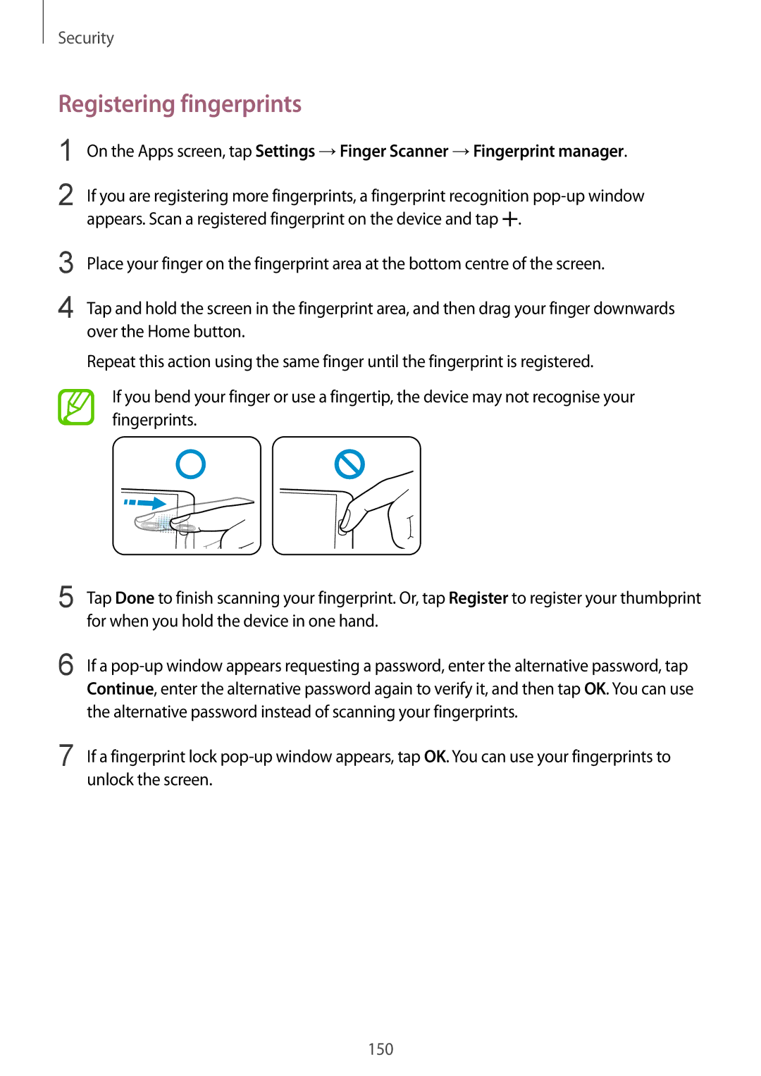 Samsung SM-G901FZKADBT manual Registering fingerprints, Alternative password instead of scanning your fingerprints 