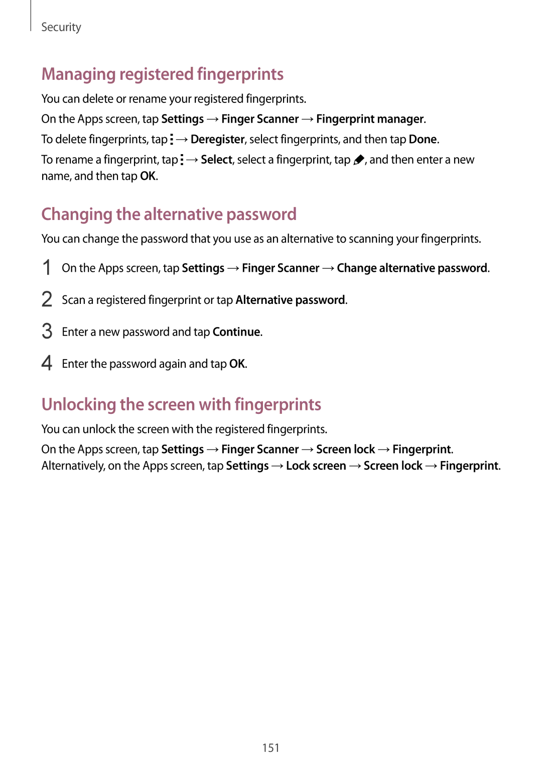 Samsung SM-G901FZWABAL, SM-G901FZKACOS, SM-G901FZDABAL Managing registered fingerprints, Changing the alternative password 