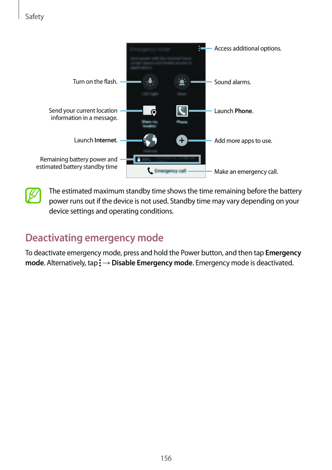 Samsung SM-G901FZWABOG, SM-G901FZKACOS, SM-G901FZDABAL, SM-G901FZWAVGR, SM-G901FZWADBT Deactivating emergency mode, Safety 