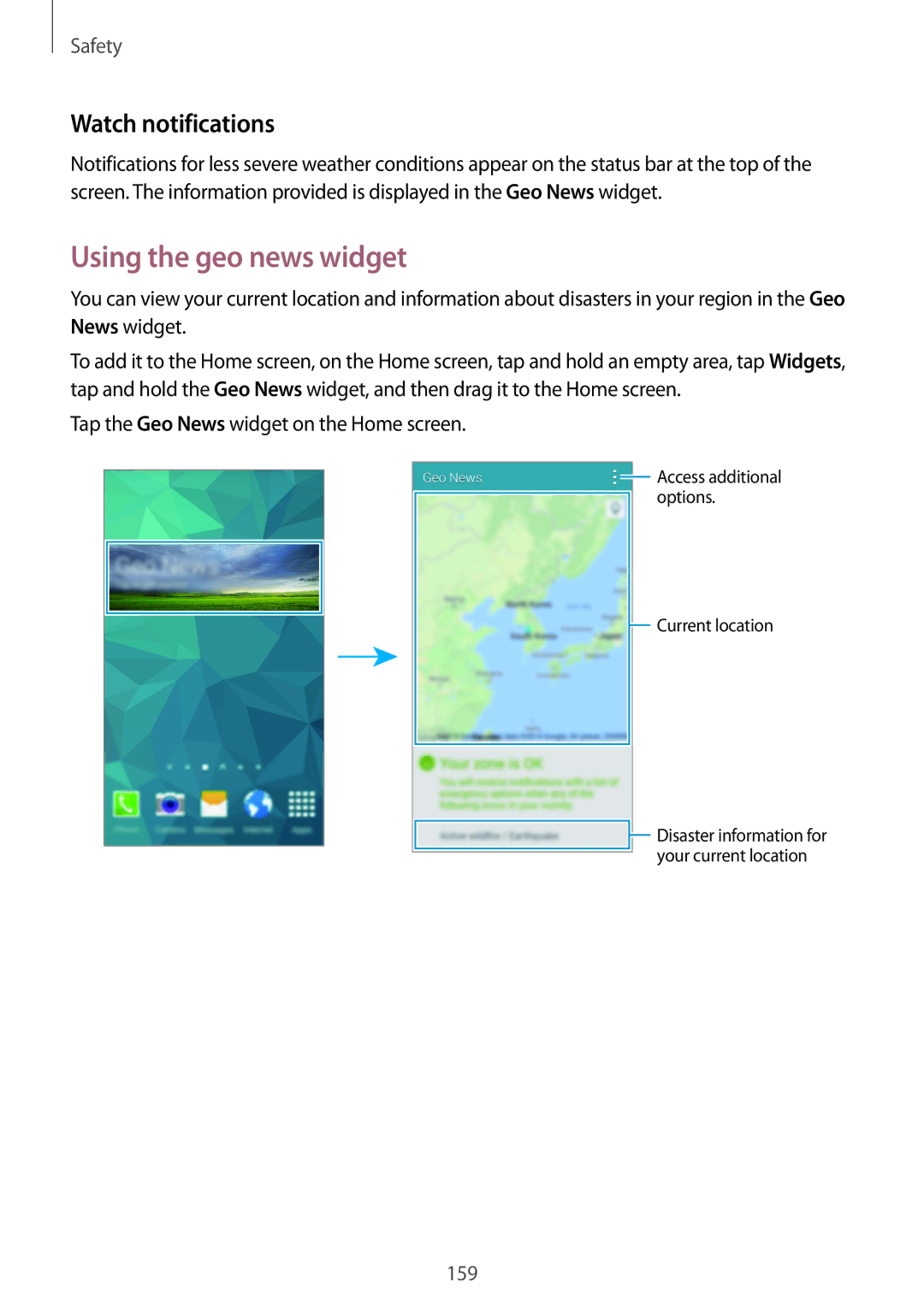 Samsung SM-G901FZDAFTM manual Using the geo news widget, Watch notifications, Tap the Geo News widget on the Home screen 