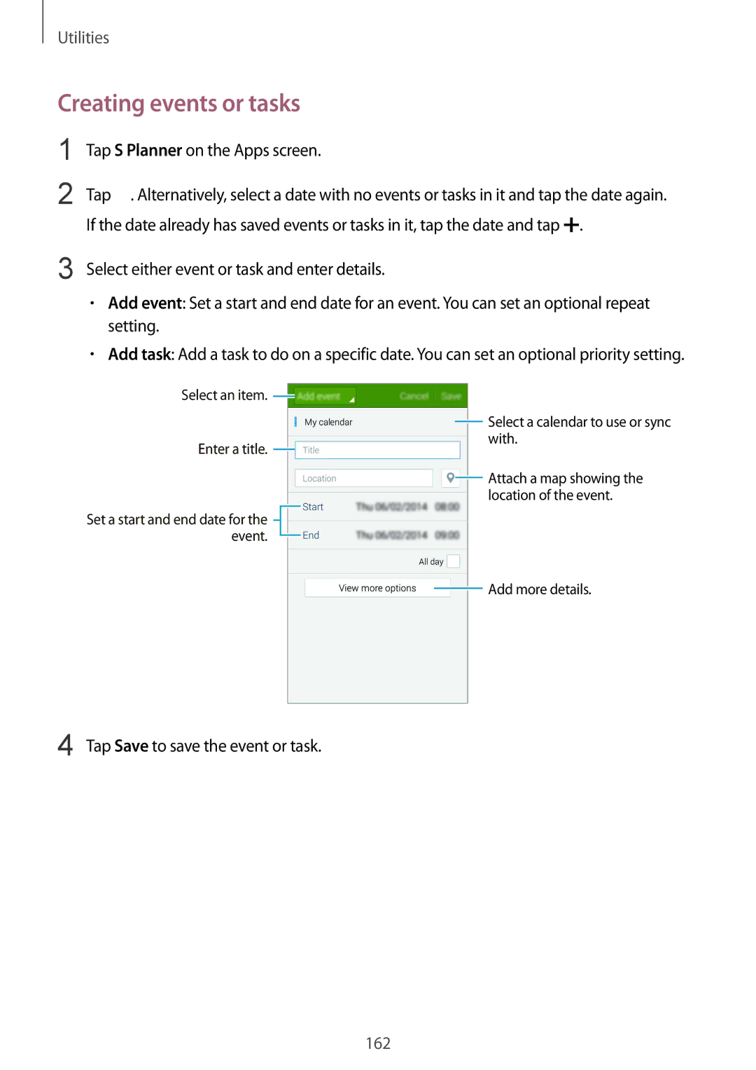 Samsung SM-G901FZDABOG Creating events or tasks, Tap S Planner on the Apps screen, Tap Save to save the event or task 