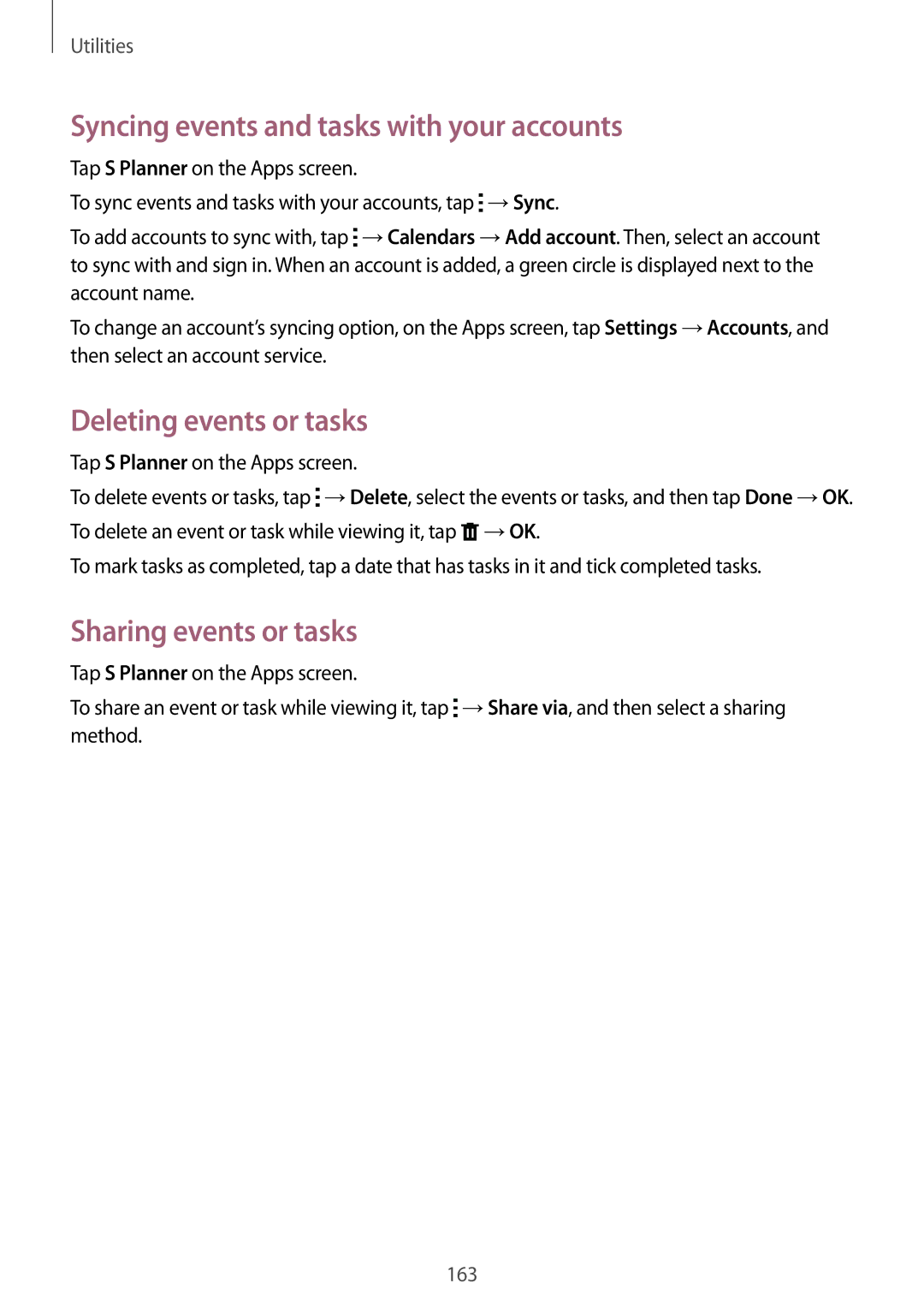 Samsung SM-G901FZDAATL Syncing events and tasks with your accounts, Deleting events or tasks, Sharing events or tasks 