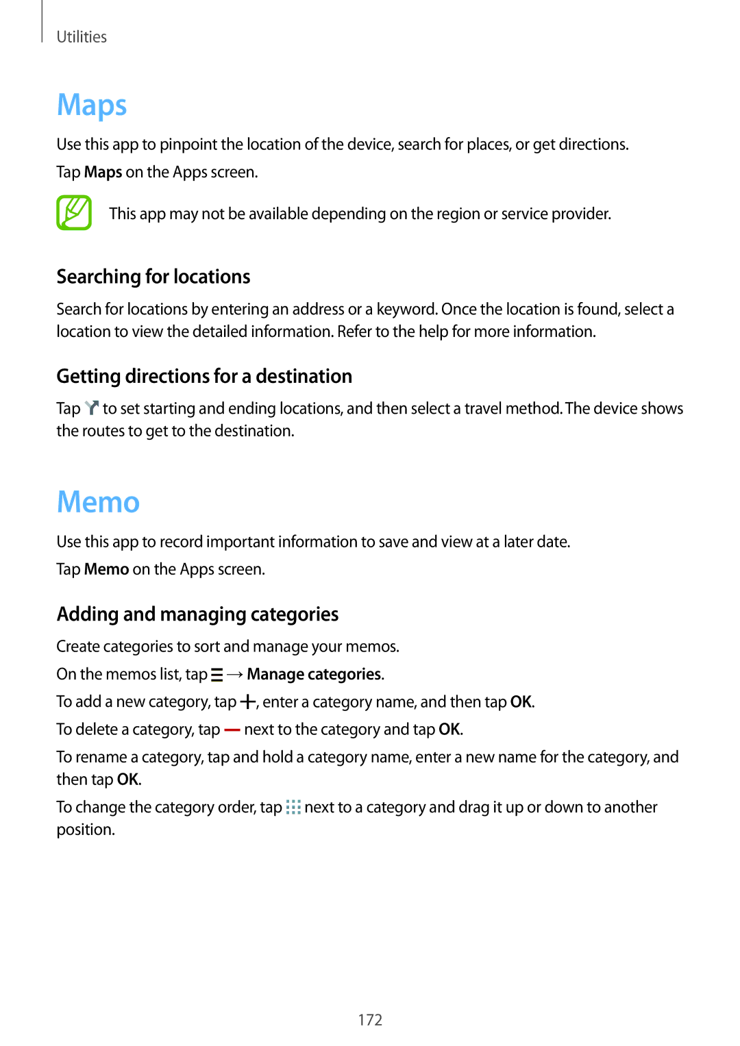 Samsung SM-G901FZKAVGR, SM-G901FZKACOS manual Maps, Memo, Searching for locations, Getting directions for a destination 