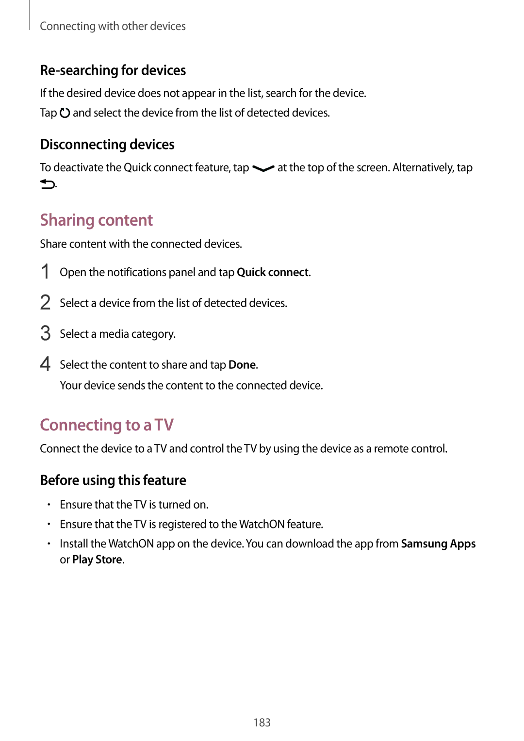 Samsung SM-G901FZKAFTM manual Sharing content, Connecting to a TV, Re-searching for devices, Disconnecting devices 