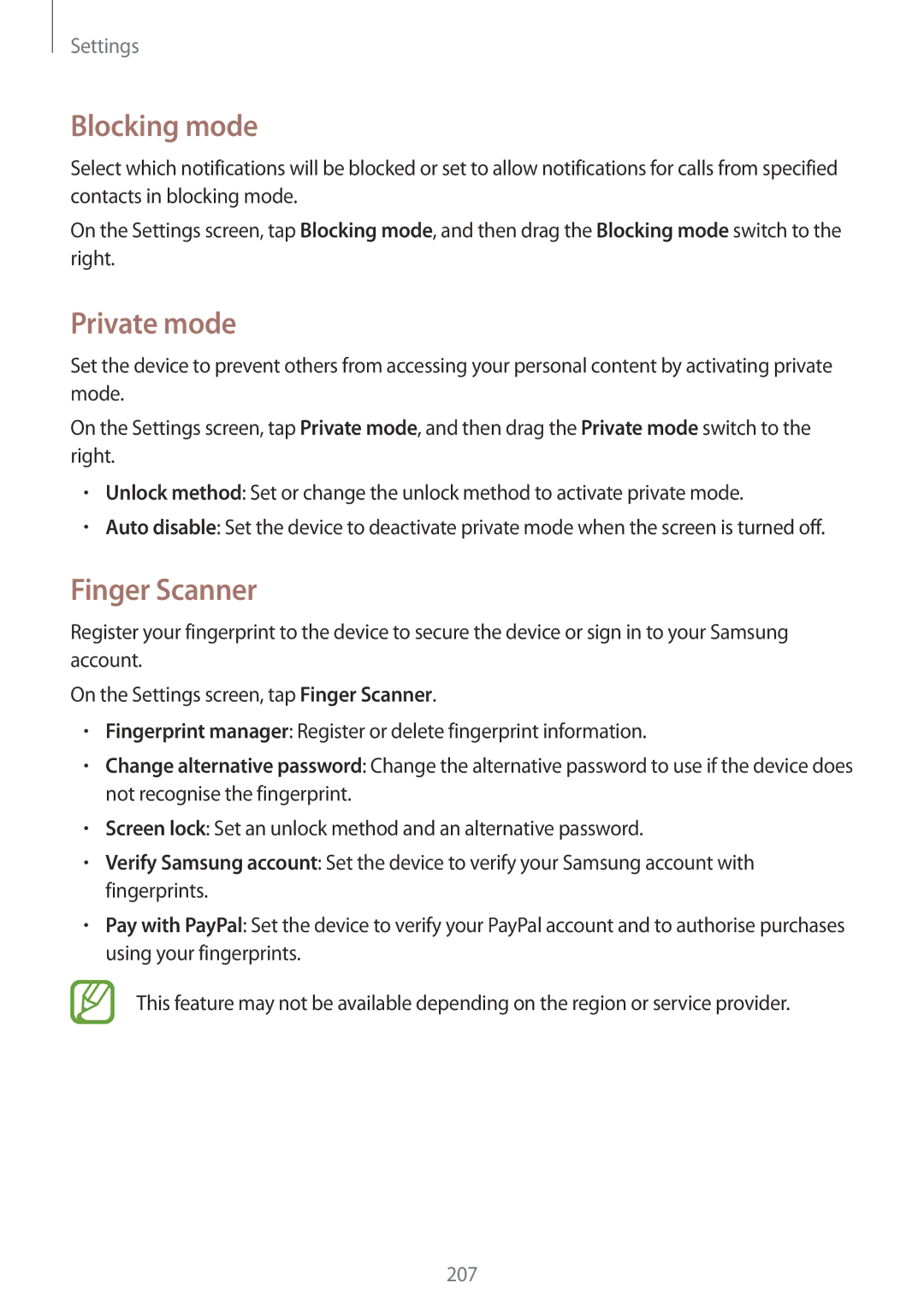 Samsung SM-G901FZWABAL, SM-G901FZKACOS, SM-G901FZDABAL, SM-G901FZWAVGR manual Blocking mode, Private mode, Finger Scanner 