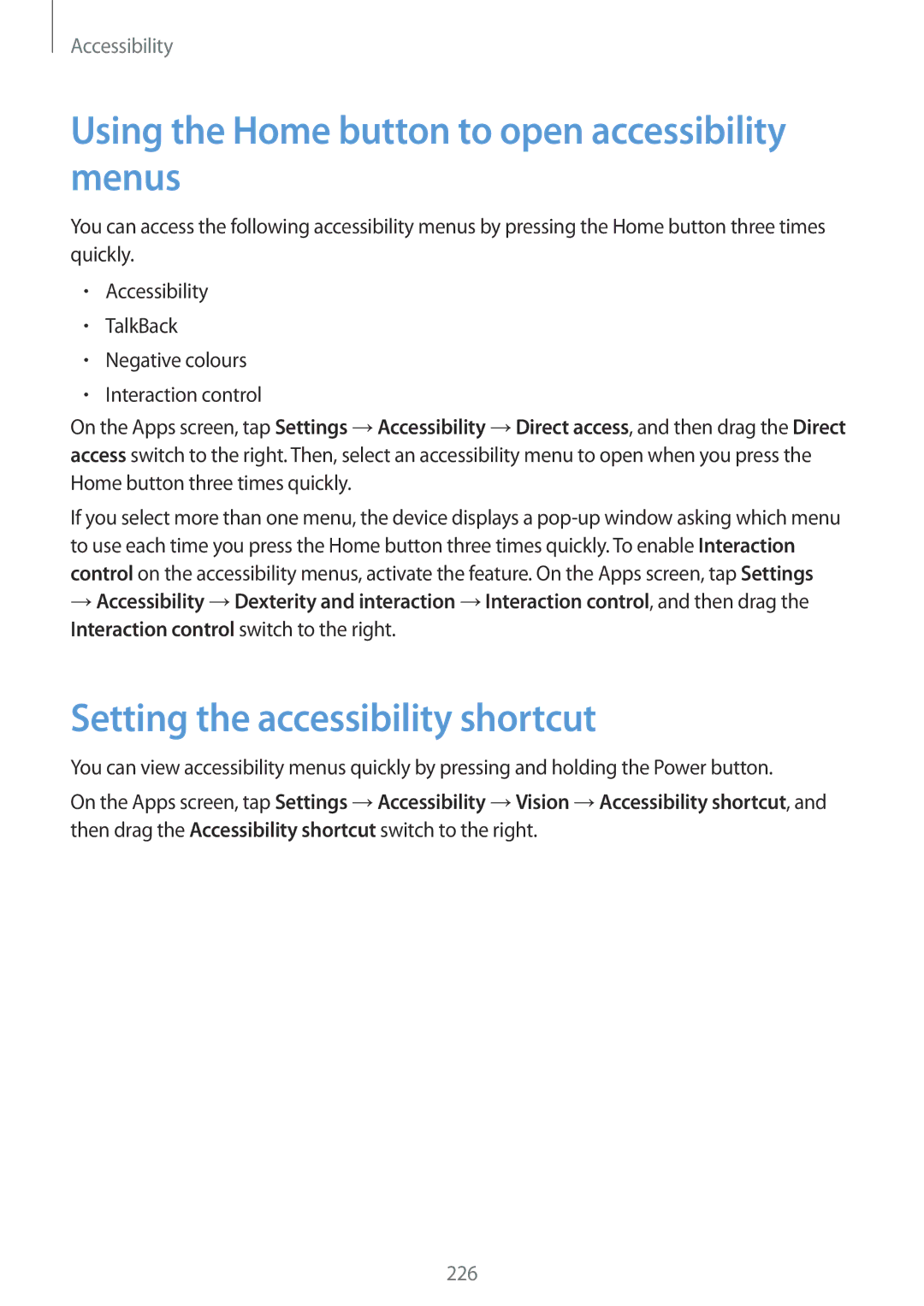 Samsung SM-G901FZWAVGR manual Using the Home button to open accessibility menus, Setting the accessibility shortcut 