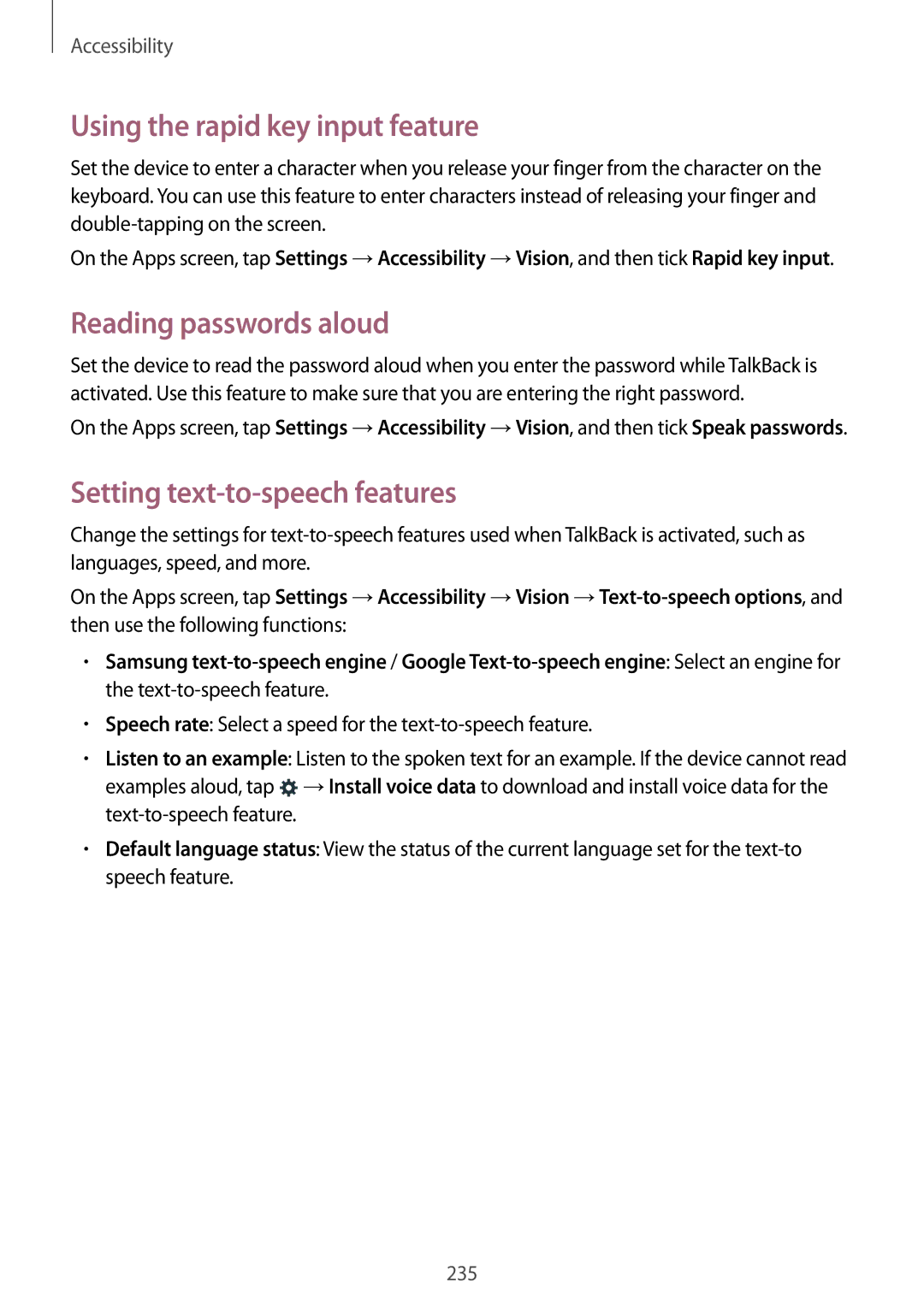 Samsung SM-G901FZWABAL manual Using the rapid key input feature, Reading passwords aloud, Setting text-to-speech features 