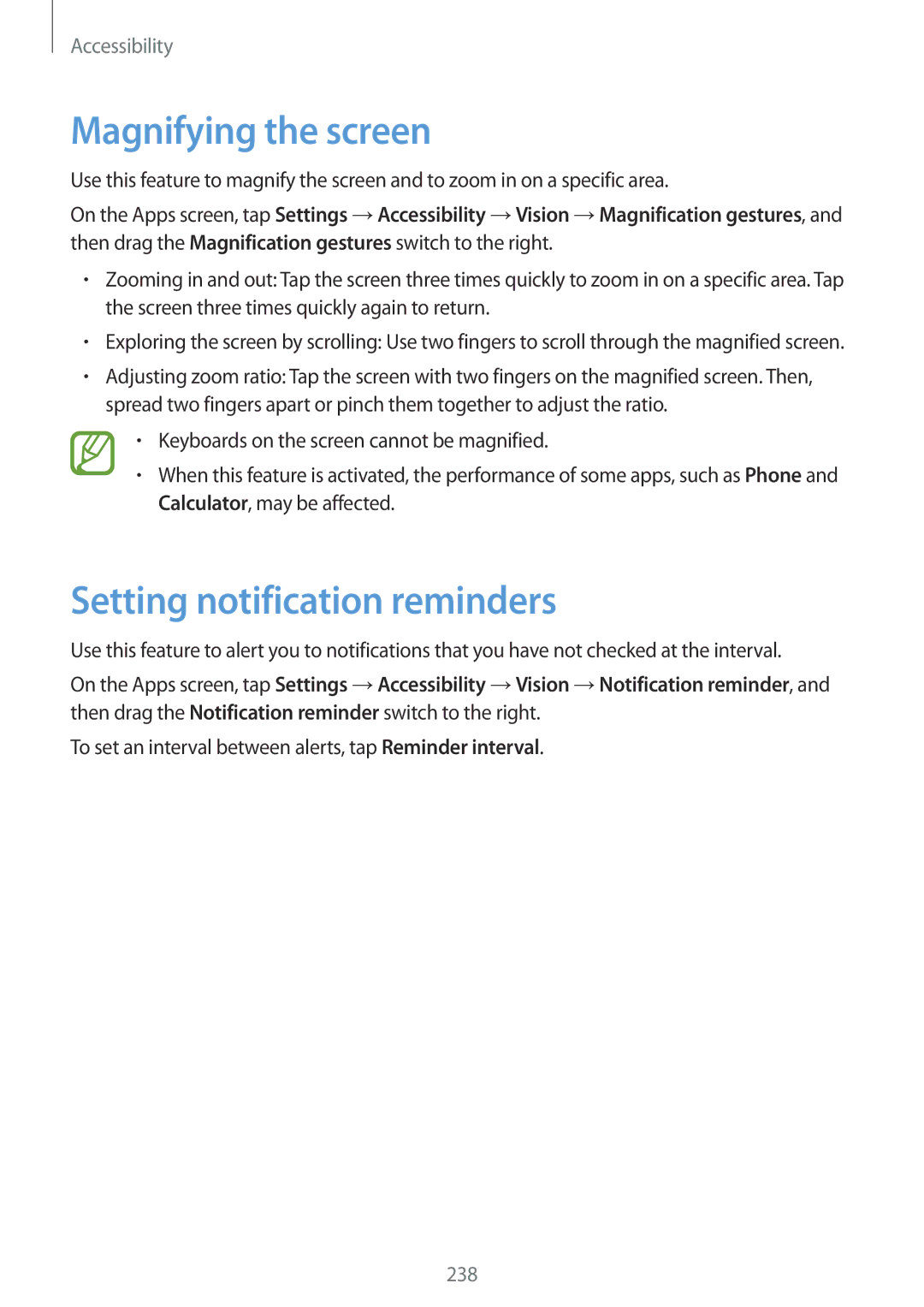 Samsung SM-G901FZBABAL, SM-G901FZKACOS, SM-G901FZDABAL, SM-G901FZWAVGR Magnifying the screen, Setting notification reminders 