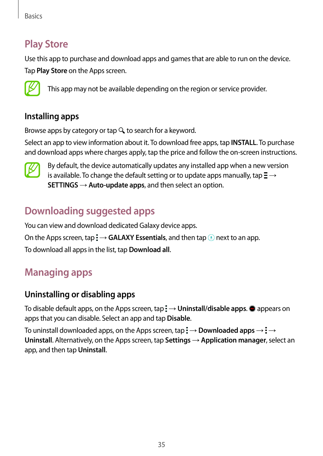 Samsung SM-G901FZKADTM manual Play Store, Downloading suggested apps, Managing apps, Uninstalling or disabling apps 