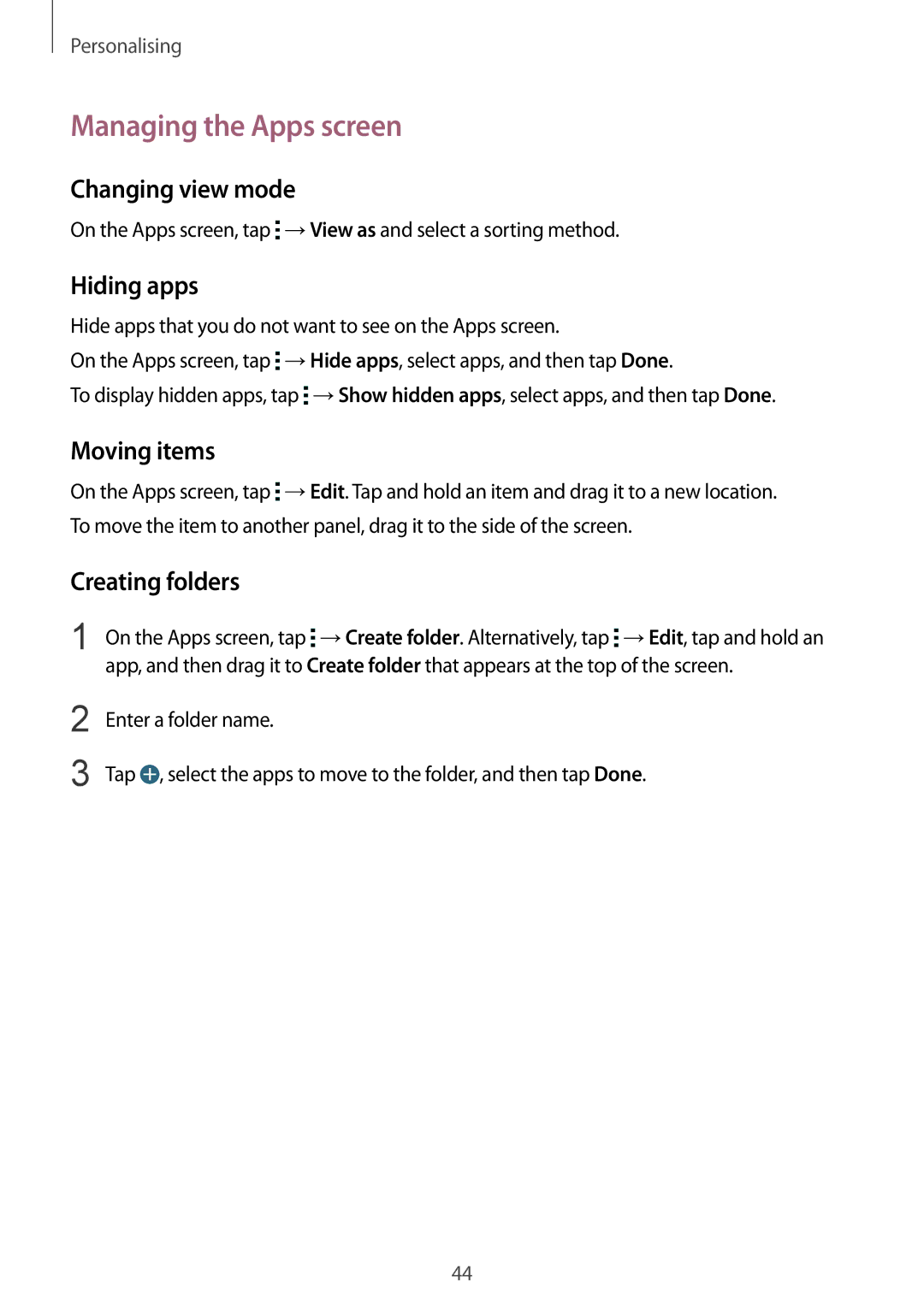 Samsung SM-G901FZWABOG manual Managing the Apps screen, Changing view mode, Hiding apps, Moving items, Creating folders 