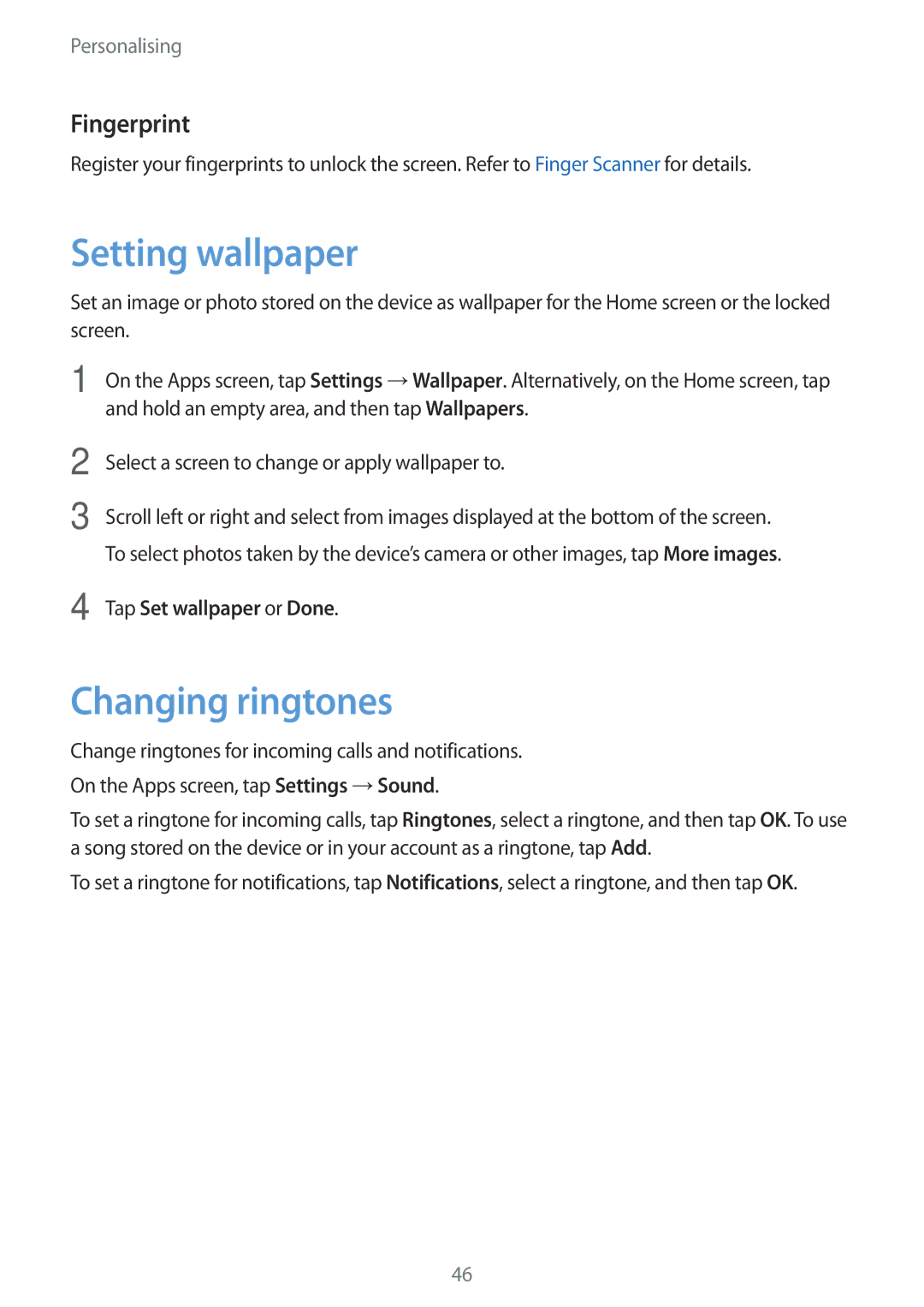 Samsung SM-G901FZBAFTM, SM-G901FZKACOS manual Setting wallpaper, Changing ringtones, Fingerprint, Tap Set wallpaper or Done 