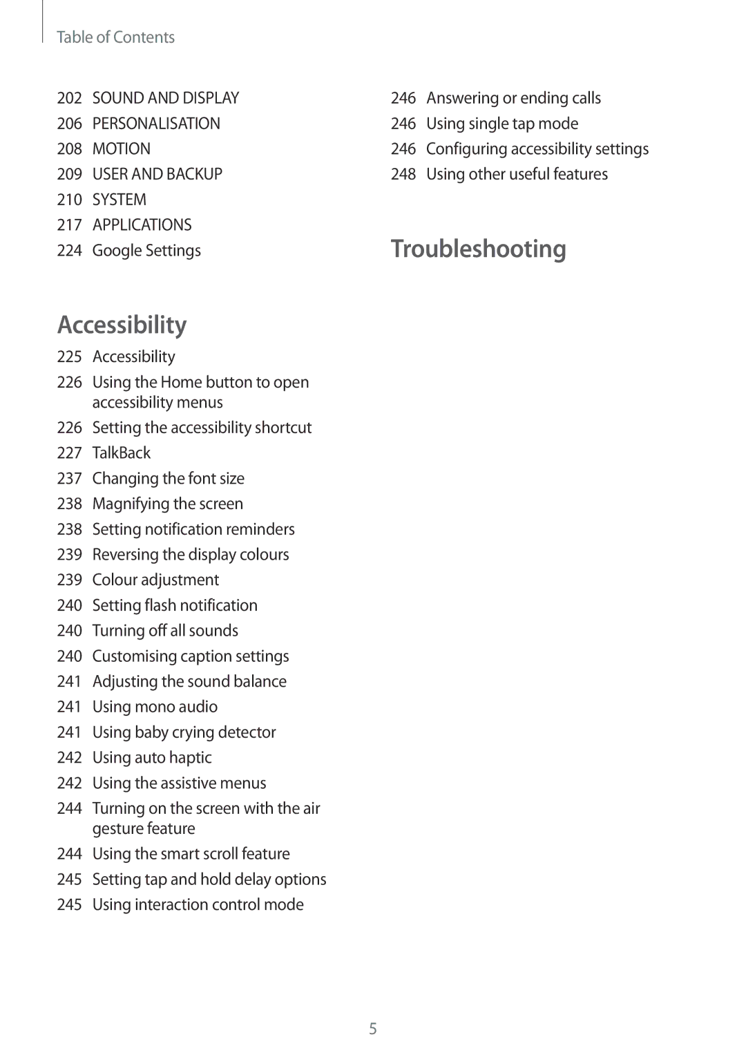 Samsung SM-G901FZKAVD2 202, Answering or ending calls, 206, Using single tap mode, 208, 209, Using other useful features 