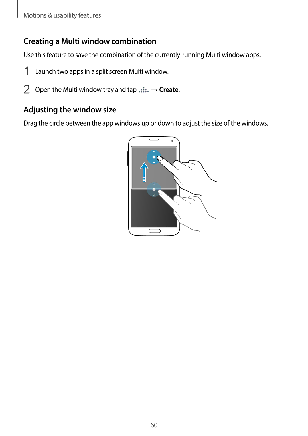 Samsung SM-G901FZKAVGR Creating a Multi window combination, Adjusting the window size, Open the Multi window tray and tap 