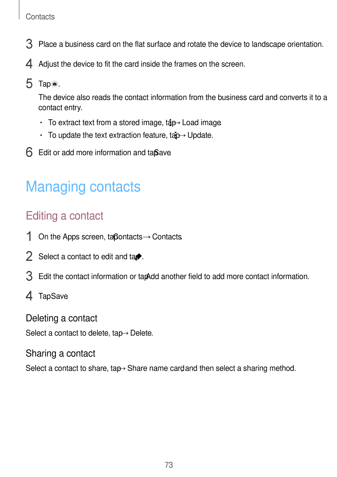 Samsung SM-G901FZKABOG, SM-G901FZKACOS manual Managing contacts, Editing a contact, Deleting a contact, Sharing a contact 