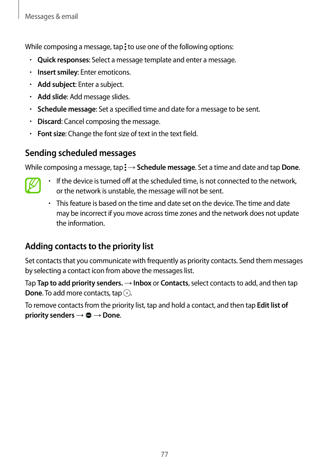 Samsung SM-G901FZWAFTM, SM-G901FZKACOS, SM-G901FZDABAL Sending scheduled messages, Adding contacts to the priority list 