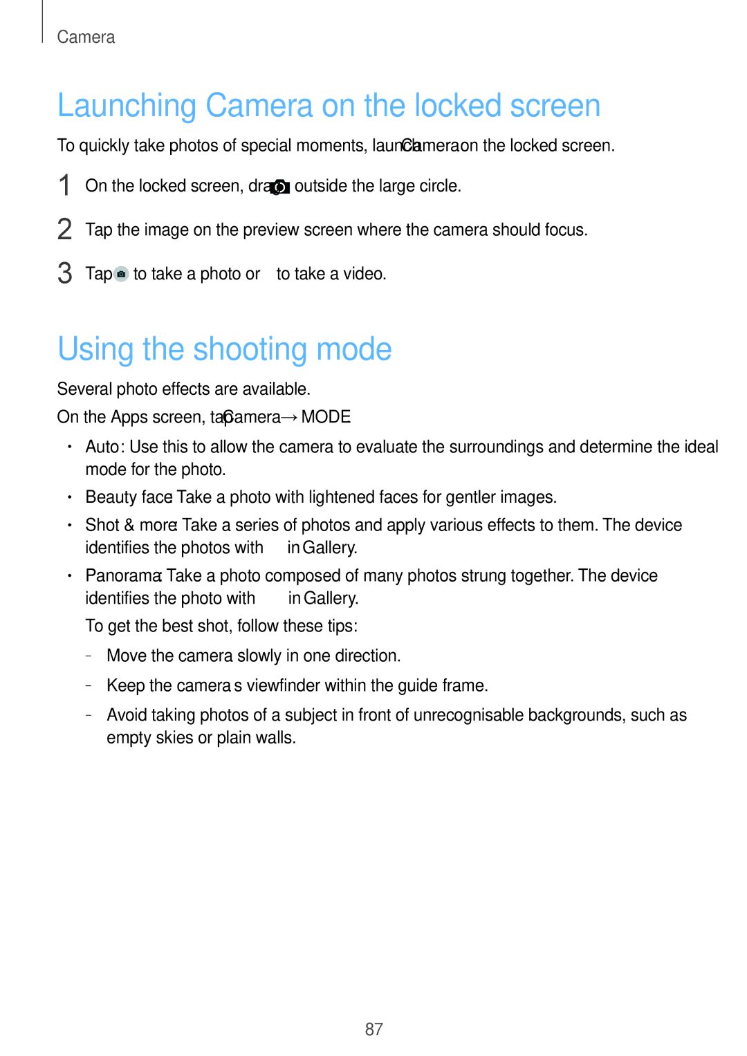 Samsung SM-G901FZWADBT, SM-G901FZKACOS, SM-G901FZDABAL manual Launching Camera on the locked screen, Using the shooting mode 