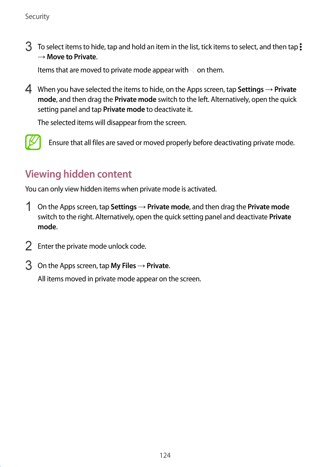 Samsung SM-G901FZWAEUR Viewing hidden content, → Move to Private, Items that are moved to private mode appear with on them 