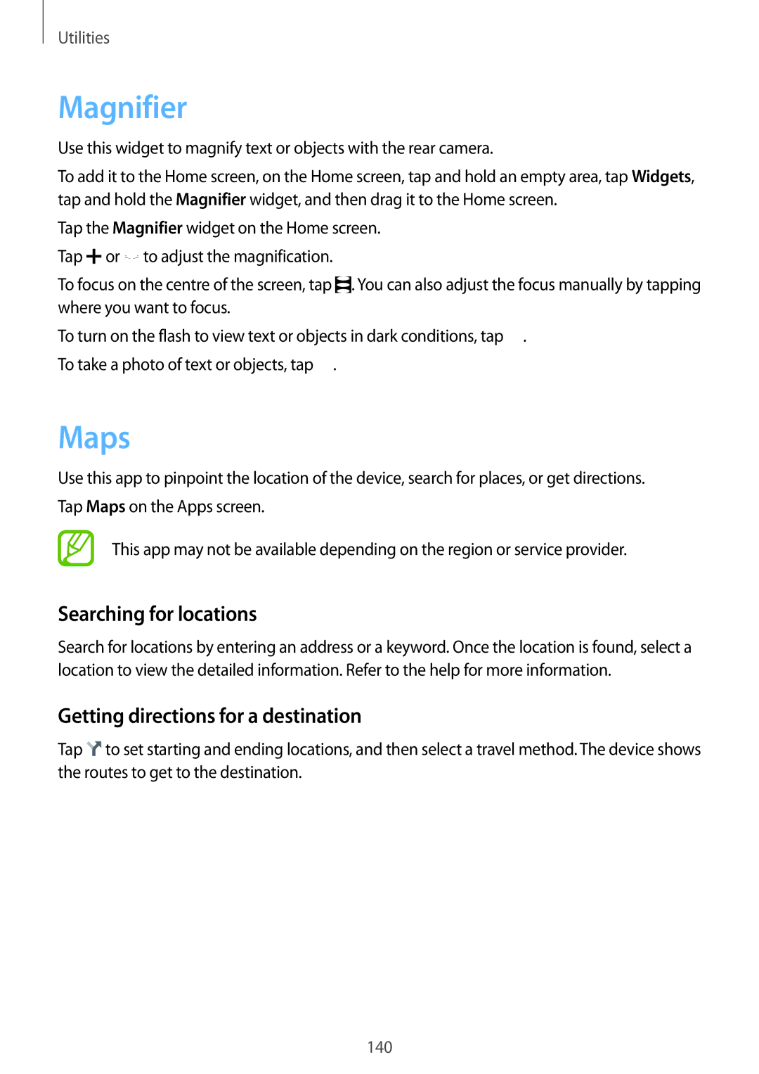 Samsung SM-G901FZKACOS, SM-G901FZDABAL manual Magnifier, Maps, Searching for locations, Getting directions for a destination 