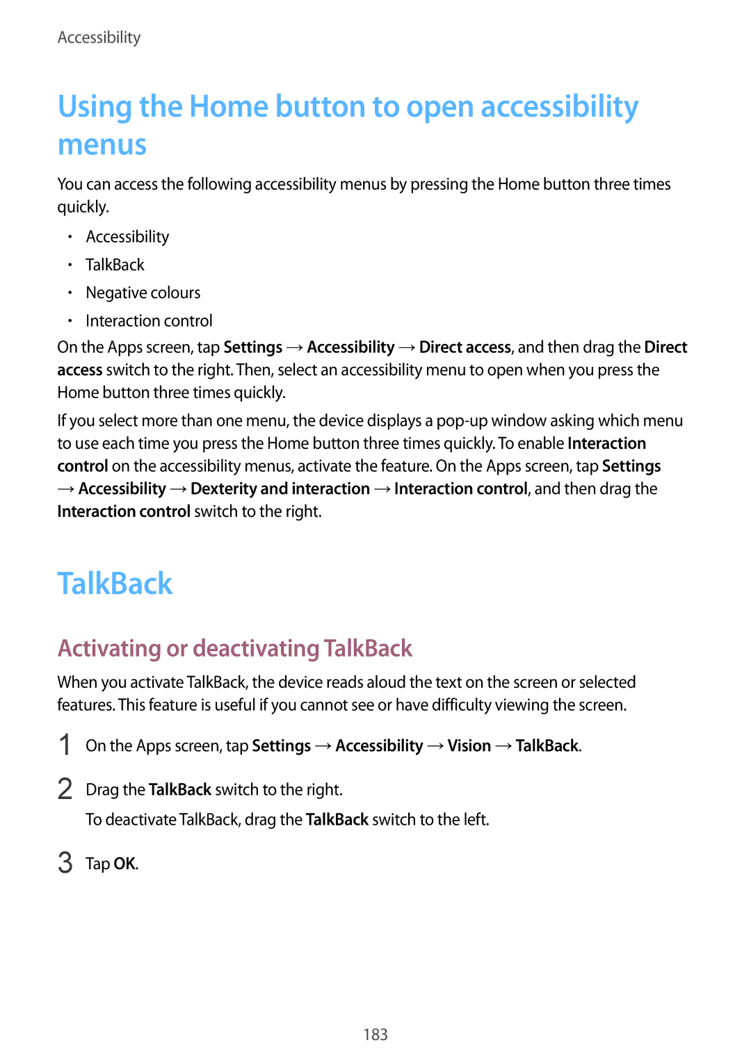 Samsung SM-G901FZKAFTM manual Using the Home button to open accessibility menus, Activating or deactivating TalkBack 