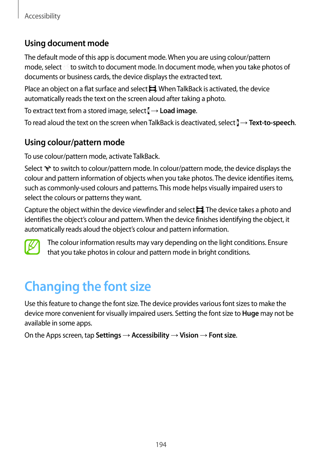 Samsung SM-G901FZKAEUR, SM-G901FZKACOS manual Changing the font size, Using document mode, Using colour/pattern mode 