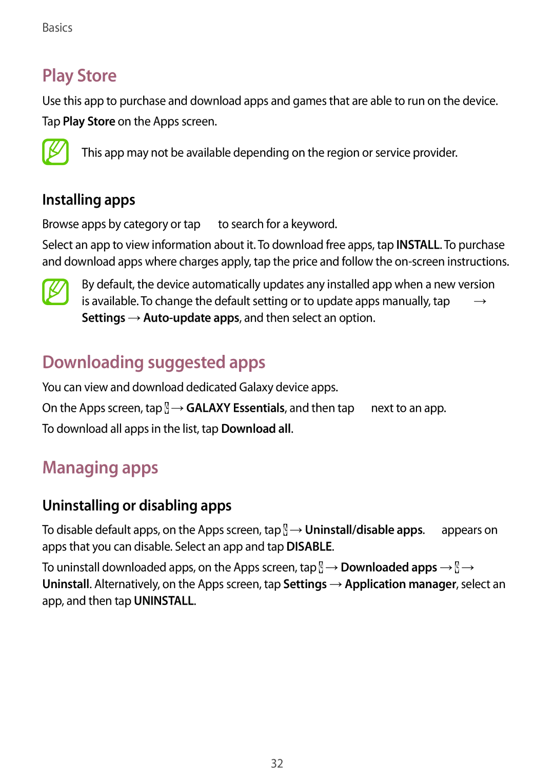 Samsung SM-G901FZKAVGR manual Play Store, Downloading suggested apps, Managing apps, Uninstalling or disabling apps 