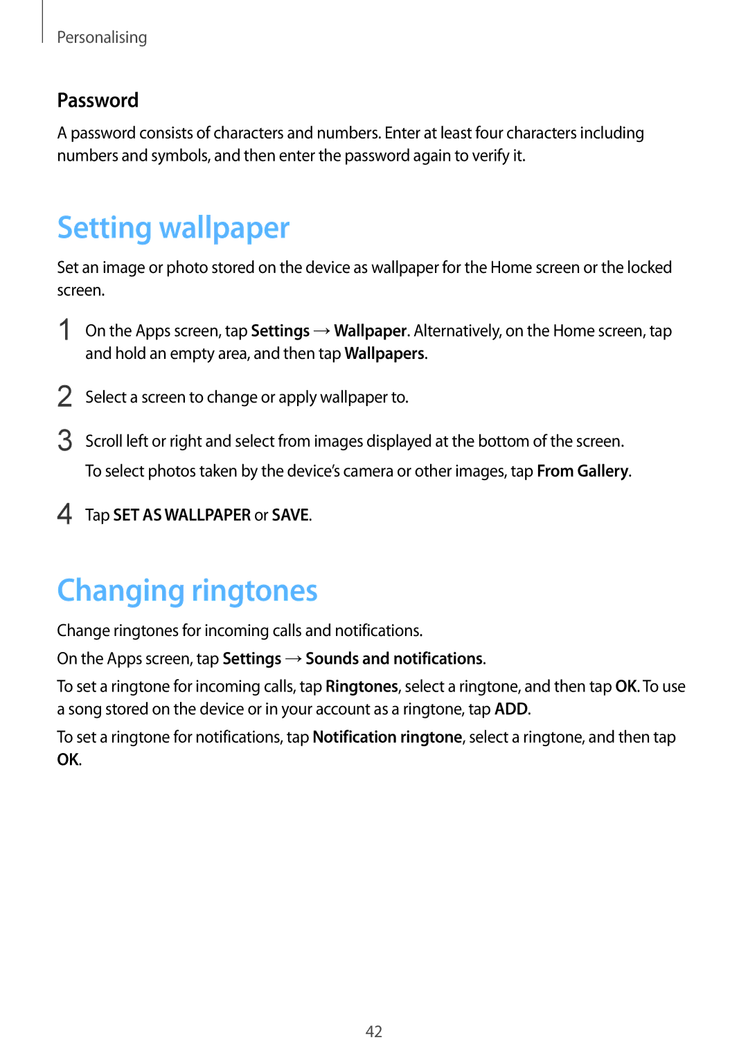 Samsung SM-G901FZBABAL, SM-G901FZKACOS manual Setting wallpaper, Changing ringtones, Password, Tap SET AS Wallpaper or Save 