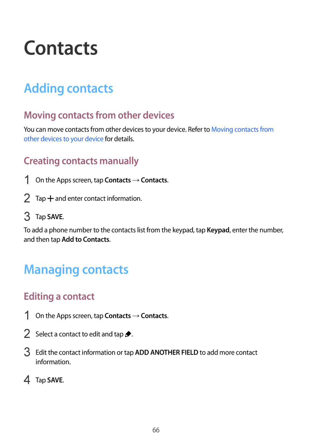 Samsung SM-G901FZKADBT, SM-G901FZKACOS, SM-G901FZDABAL, SM-G901FZWAVGR manual Contacts, Adding contacts, Managing contacts 