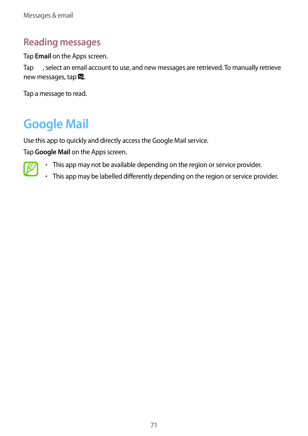 Samsung SM-G901FZKAFTM, SM-G901FZKACOS, SM-G901FZDABAL, SM-G901FZWAVGR, SM-G901FZWADBT manual Google Mail, Reading messages 