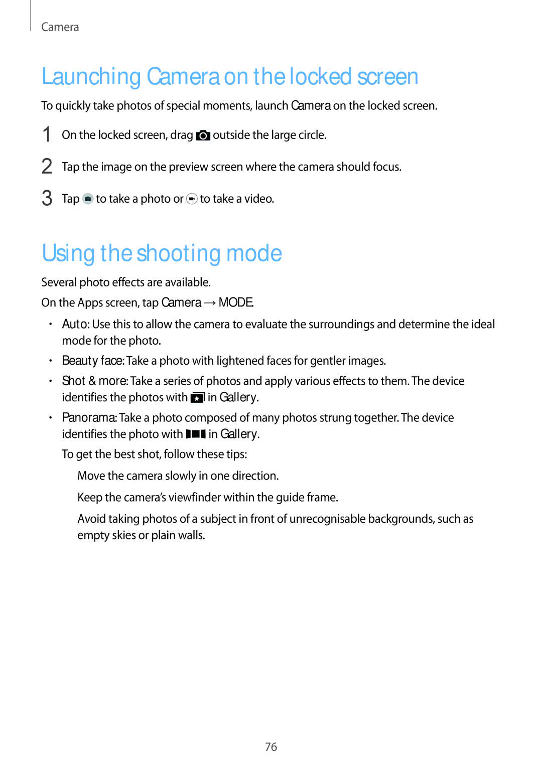 Samsung SM-G901FZBABOG, SM-G901FZKACOS, SM-G901FZDABAL manual Launching Camera on the locked screen, Using the shooting mode 