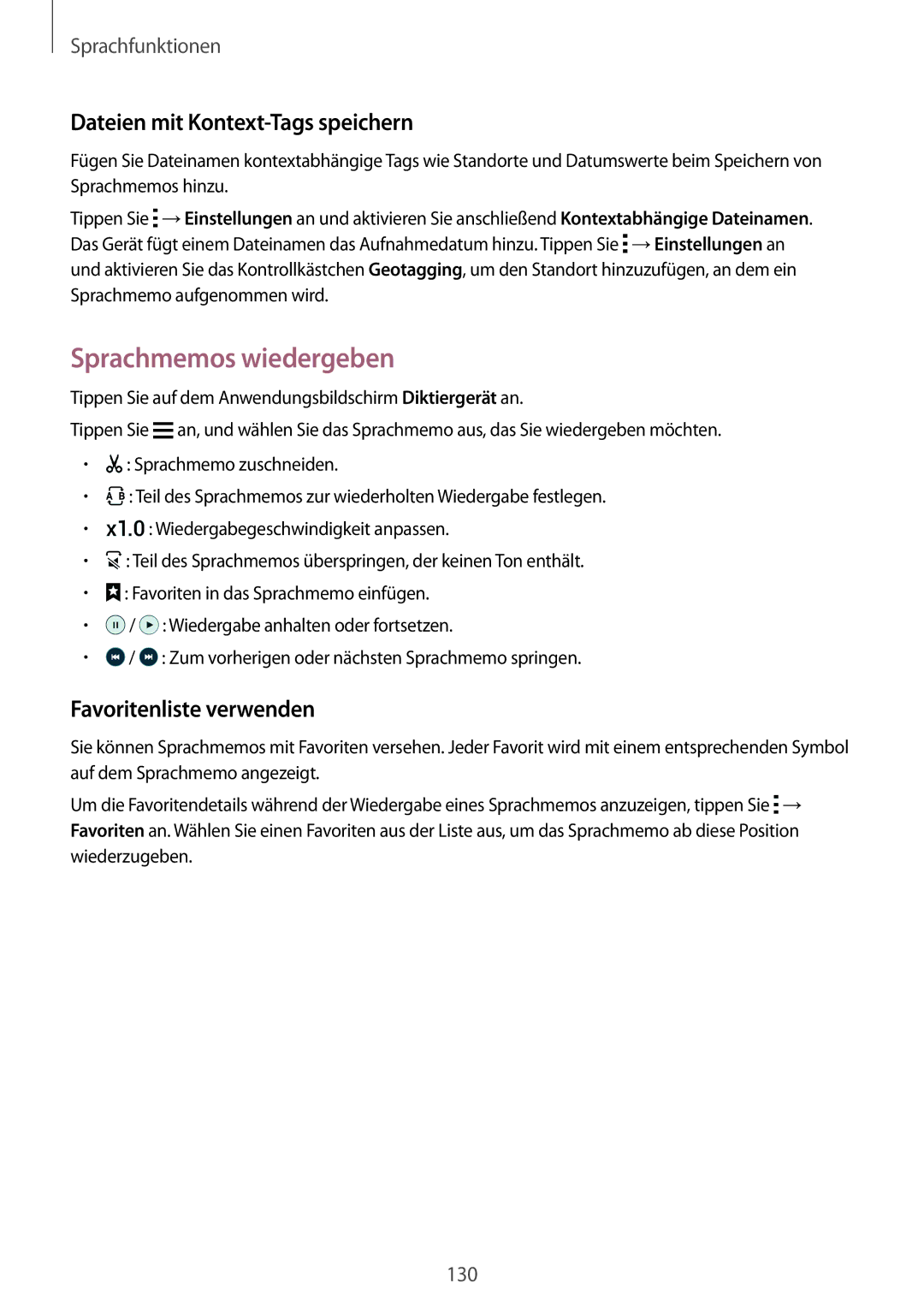 Samsung SM-G901FZWABAL manual Sprachmemos wiedergeben, Dateien mit Kontext-Tags speichern, Favoritenliste verwenden 
