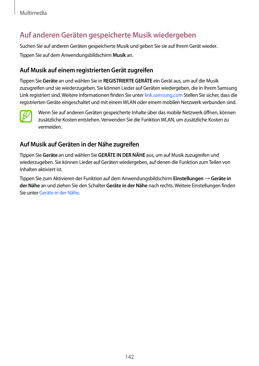 Samsung SM-G901FZWADTM Auf anderen Geräten gespeicherte Musik wiedergeben, Auf Musik auf Geräten in der Nähe zugreifen 