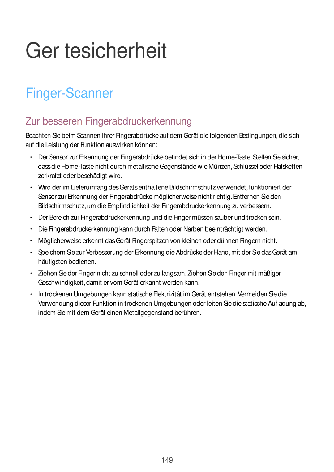 Samsung SM-G901FZDADTM, SM-G901FZKACOS manual Gerätesicherheit, Finger-Scanner, Zur besseren Fingerabdruckerkennung 