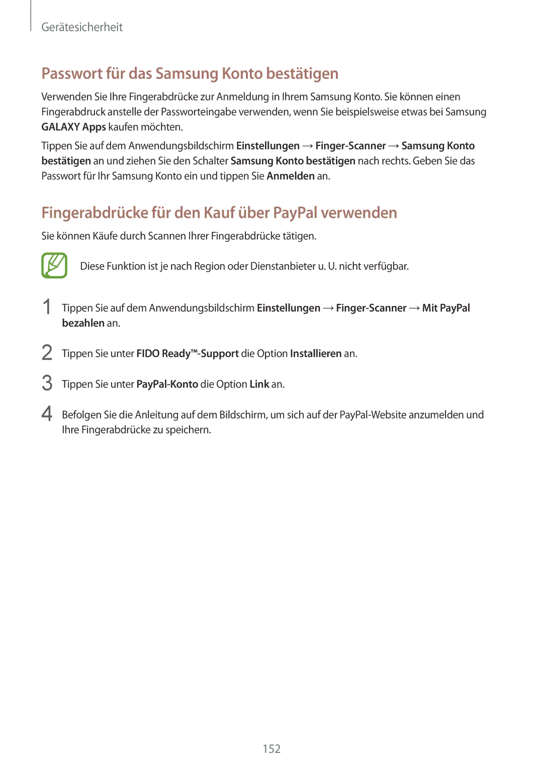 Samsung SM-G901FZKABOG manual Passwort für das Samsung Konto bestätigen, Fingerabdrücke für den Kauf über PayPal verwenden 