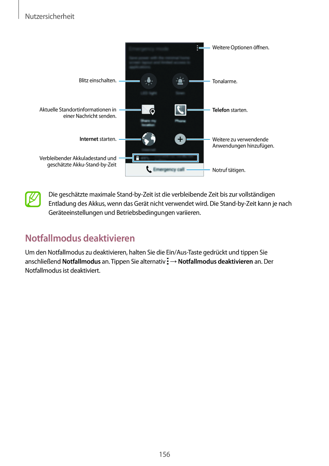 Samsung SM-G901FZWADBT, SM-G901FZKACOS, SM-G901FZDABAL, SM-G901FZWAVGR manual Notfallmodus deaktivieren, Nutzersicherheit 