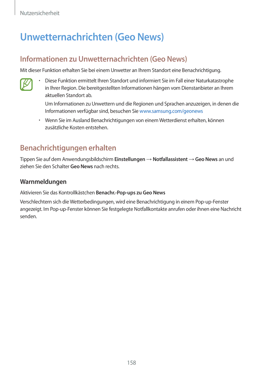 Samsung SM-G901FZKAVD2 manual Informationen zu Unwetternachrichten Geo News, Benachrichtigungen erhalten, Warnmeldungen 