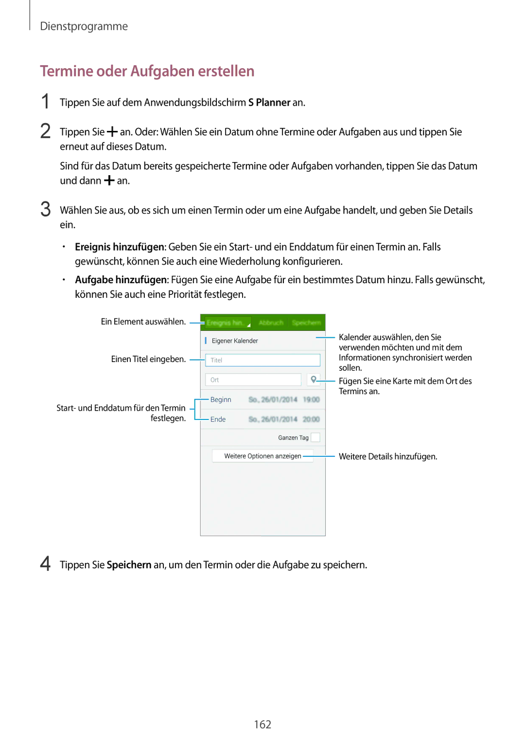 Samsung SM-G901FZBADTM, SM-G901FZKACOS, SM-G901FZDABAL, SM-G901FZWAVGR, SM-G901FZWADBT manual Termine oder Aufgaben erstellen 