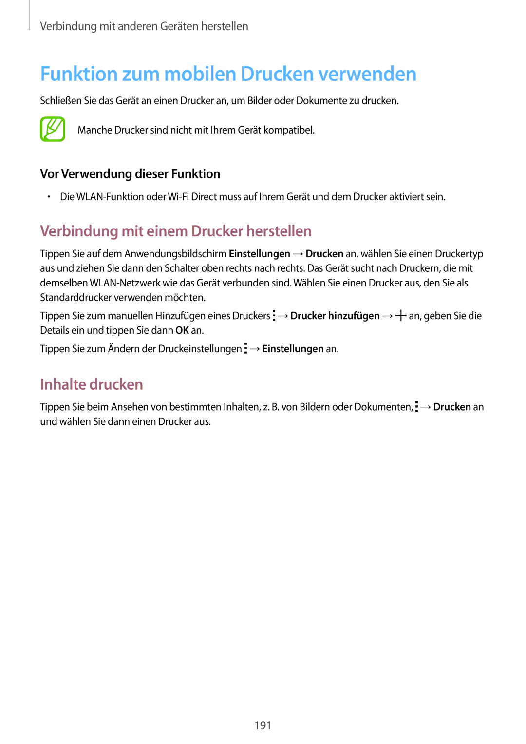 Samsung SM-G901FZKAVGR Funktion zum mobilen Drucken verwenden, Verbindung mit einem Drucker herstellen, Inhalte drucken 