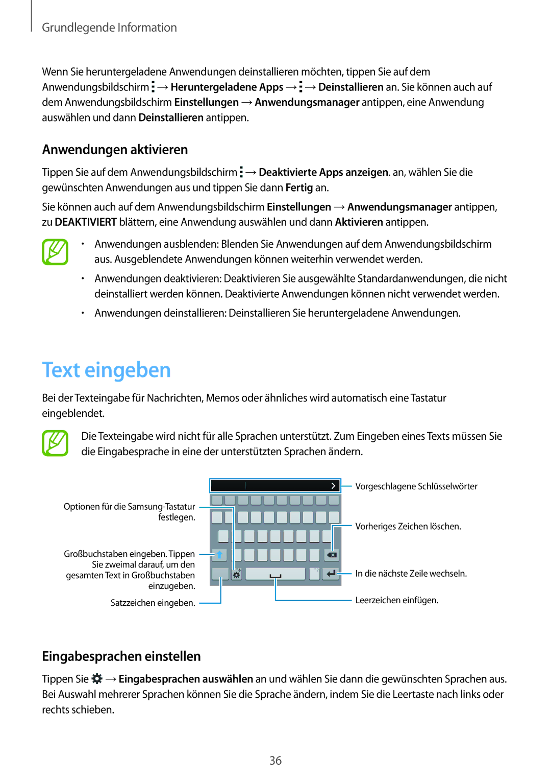 Samsung SM-G901FZWAVGR, SM-G901FZKACOS, SM-G901FZDABAL Text eingeben, Anwendungen aktivieren, Eingabesprachen einstellen 