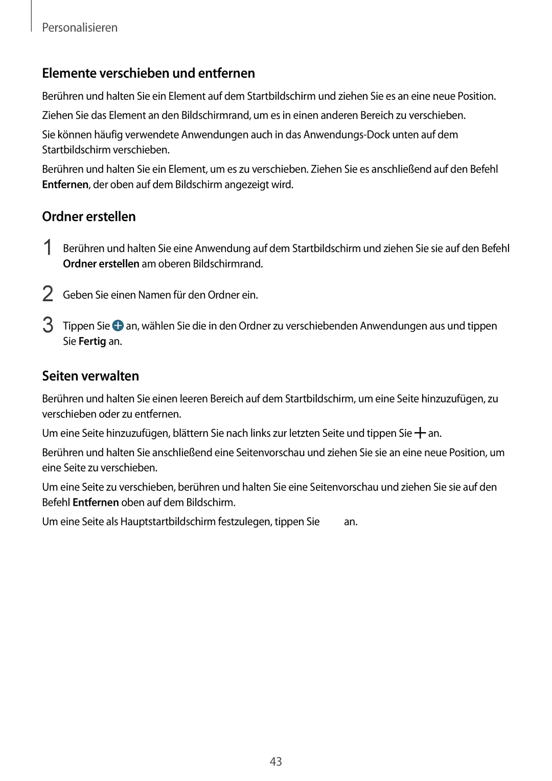 Samsung SM-G901FZBADTM, SM-G901FZKACOS manual Elemente verschieben und entfernen, Ordner erstellen, Seiten verwalten 