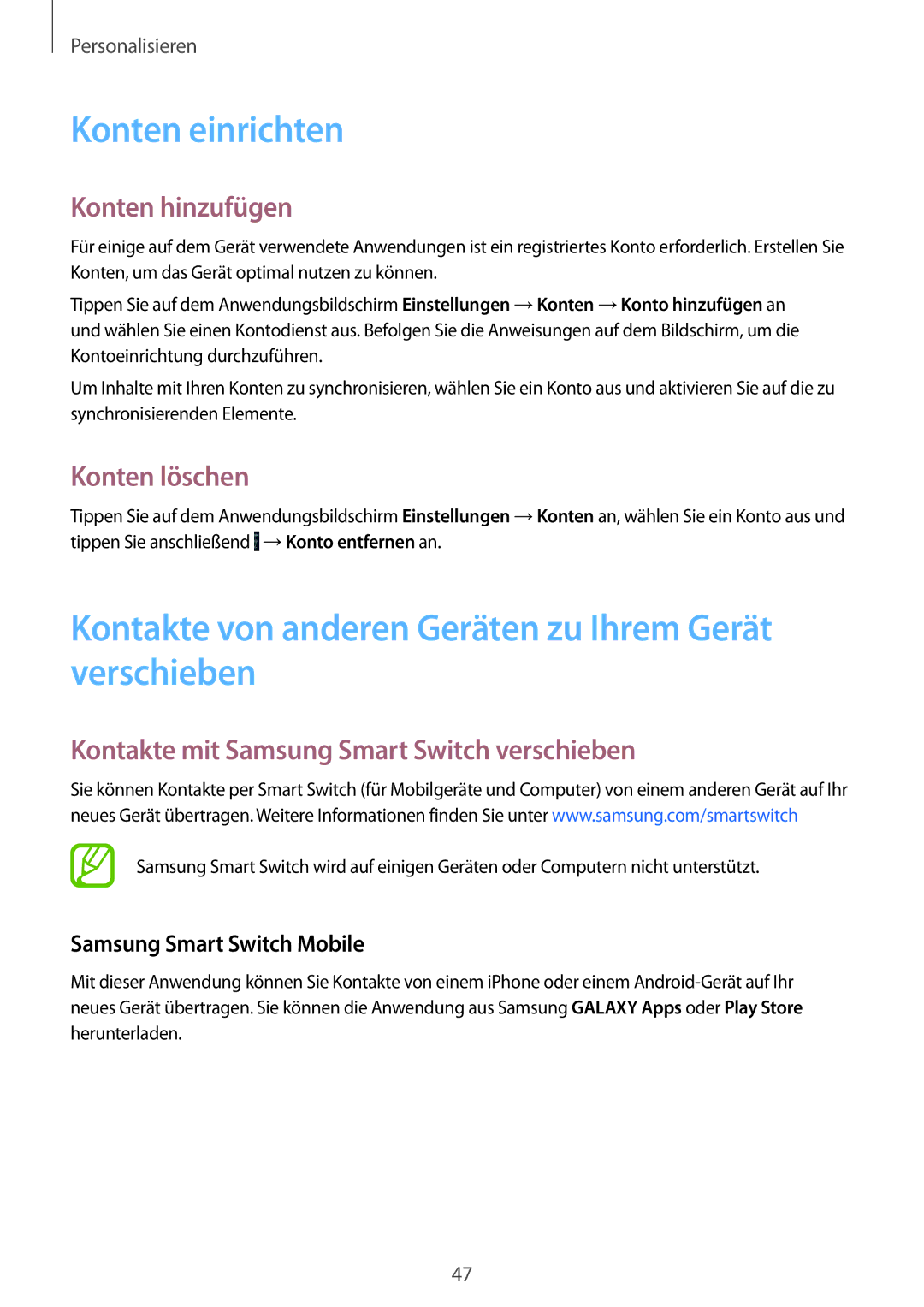 Samsung SM-G901FZDADTM manual Konten einrichten, Kontakte von anderen Geräten zu Ihrem Gerät verschieben, Konten hinzufügen 