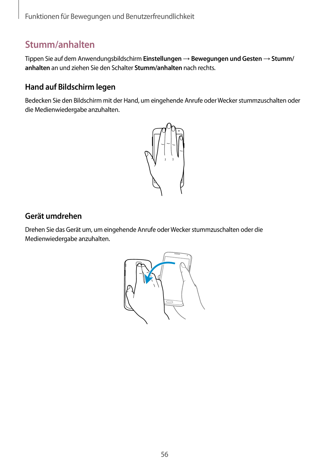 Samsung SM-G901FZKAVD2, SM-G901FZKACOS, SM-G901FZDABAL manual Stumm/anhalten, Hand auf Bildschirm legen, Gerät umdrehen 