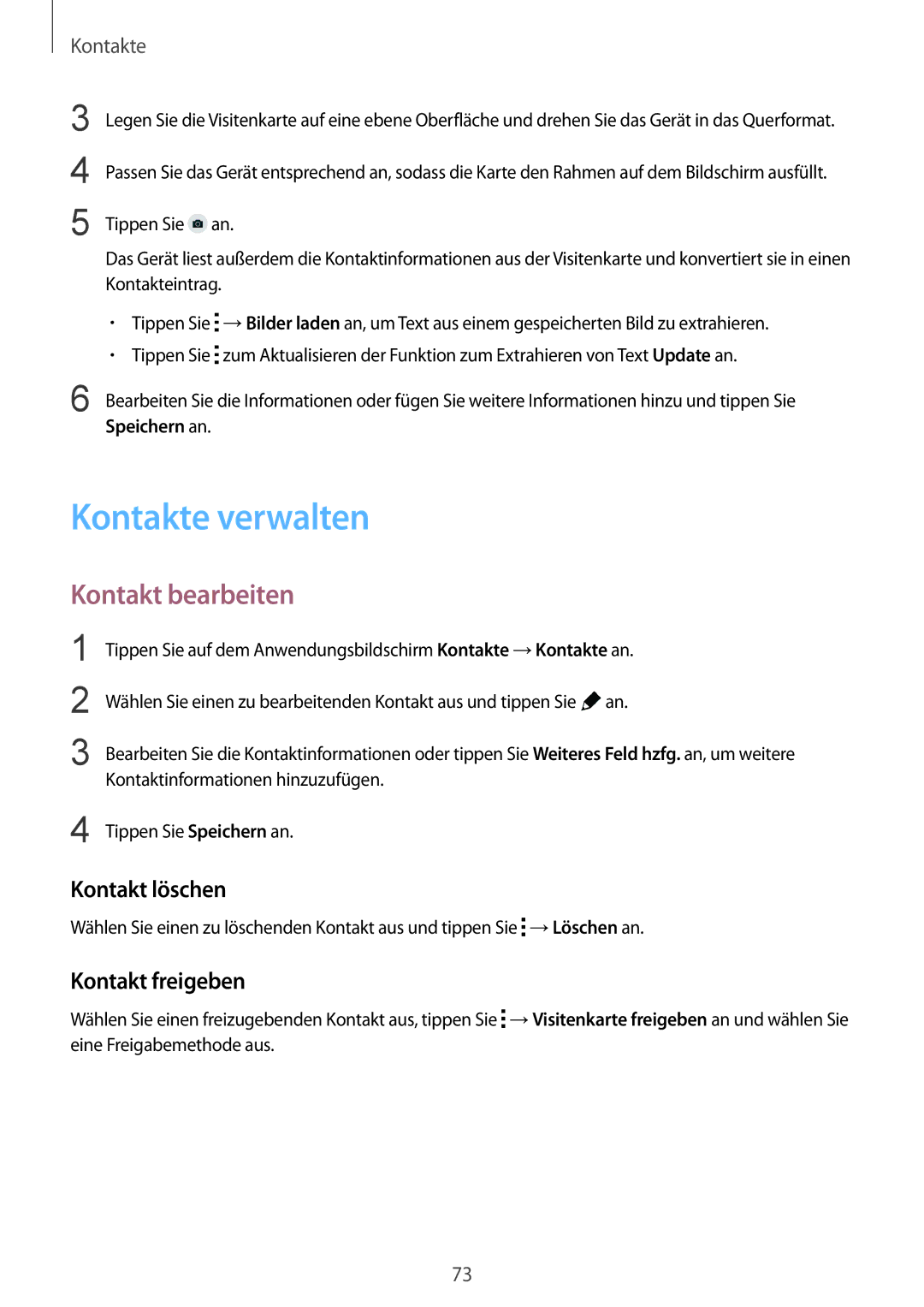 Samsung SM-G901FZKAVD2, SM-G901FZKACOS manual Kontakte verwalten, Kontakt bearbeiten, Kontakt löschen, Kontakt freigeben 