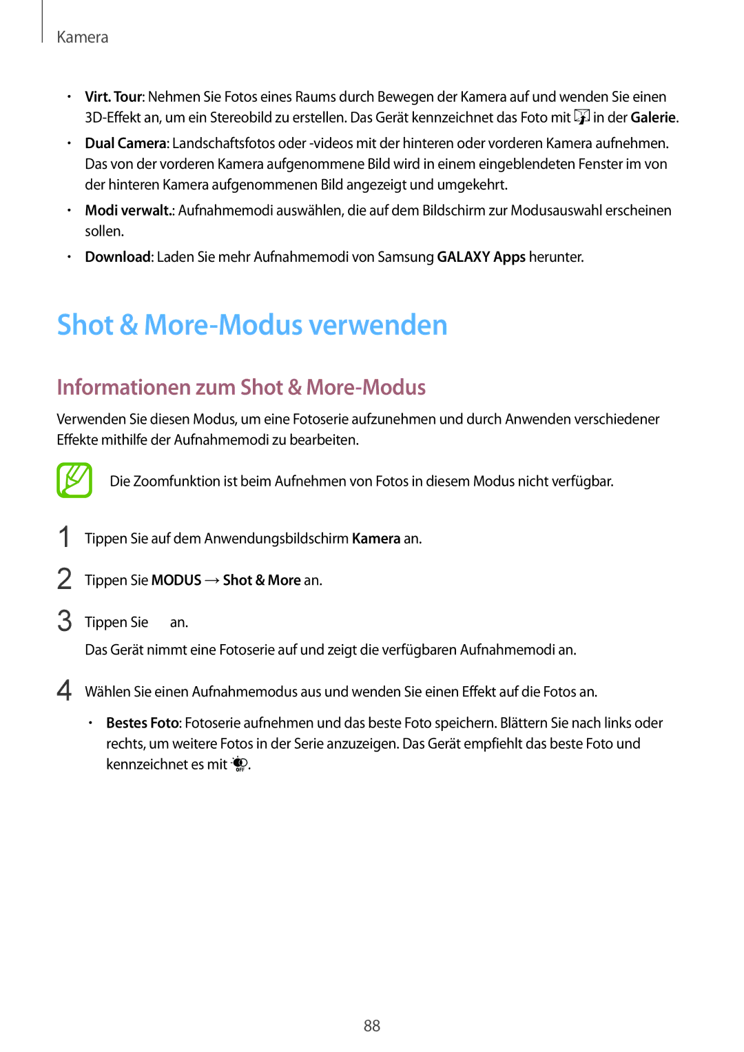 Samsung SM-G901FZWADBT Shot & More-Modus verwenden, Informationen zum Shot & More-Modus, Tippen Sie Modus →Shot & More an 