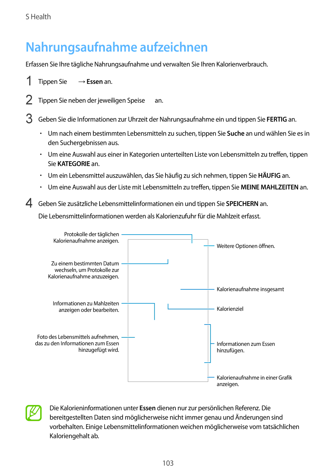 Samsung SM-G901FZDABAL, SM-G901FZKACOS, SM-G901FZWAVGR manual Nahrungsaufnahme aufzeichnen, Kalorienaufnahme anzuzeigen 