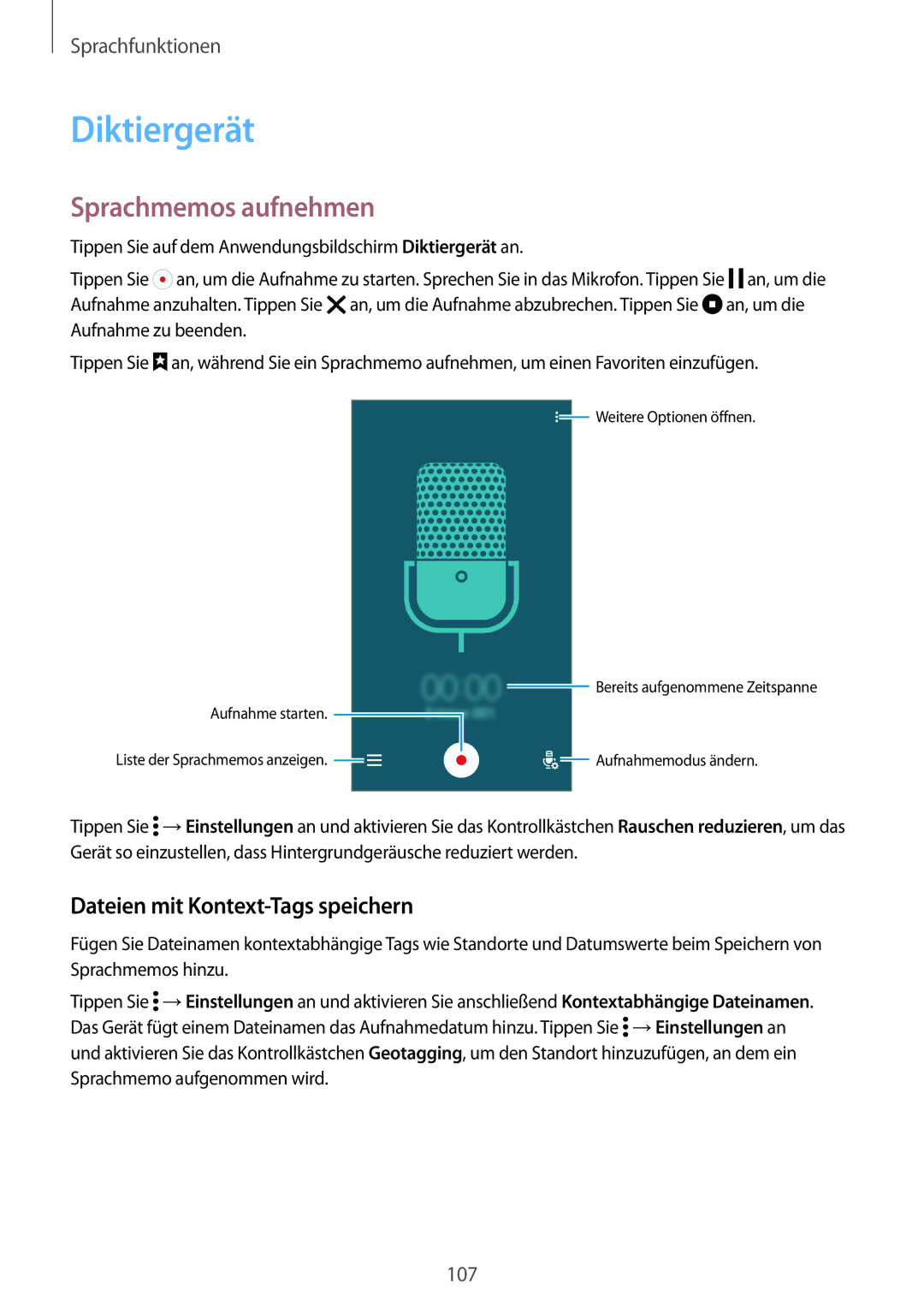 Samsung SM-G901FZKAVD2, SM-G901FZKACOS manual Diktiergerät, Sprachmemos aufnehmen, Dateien mit Kontext-Tags speichern 