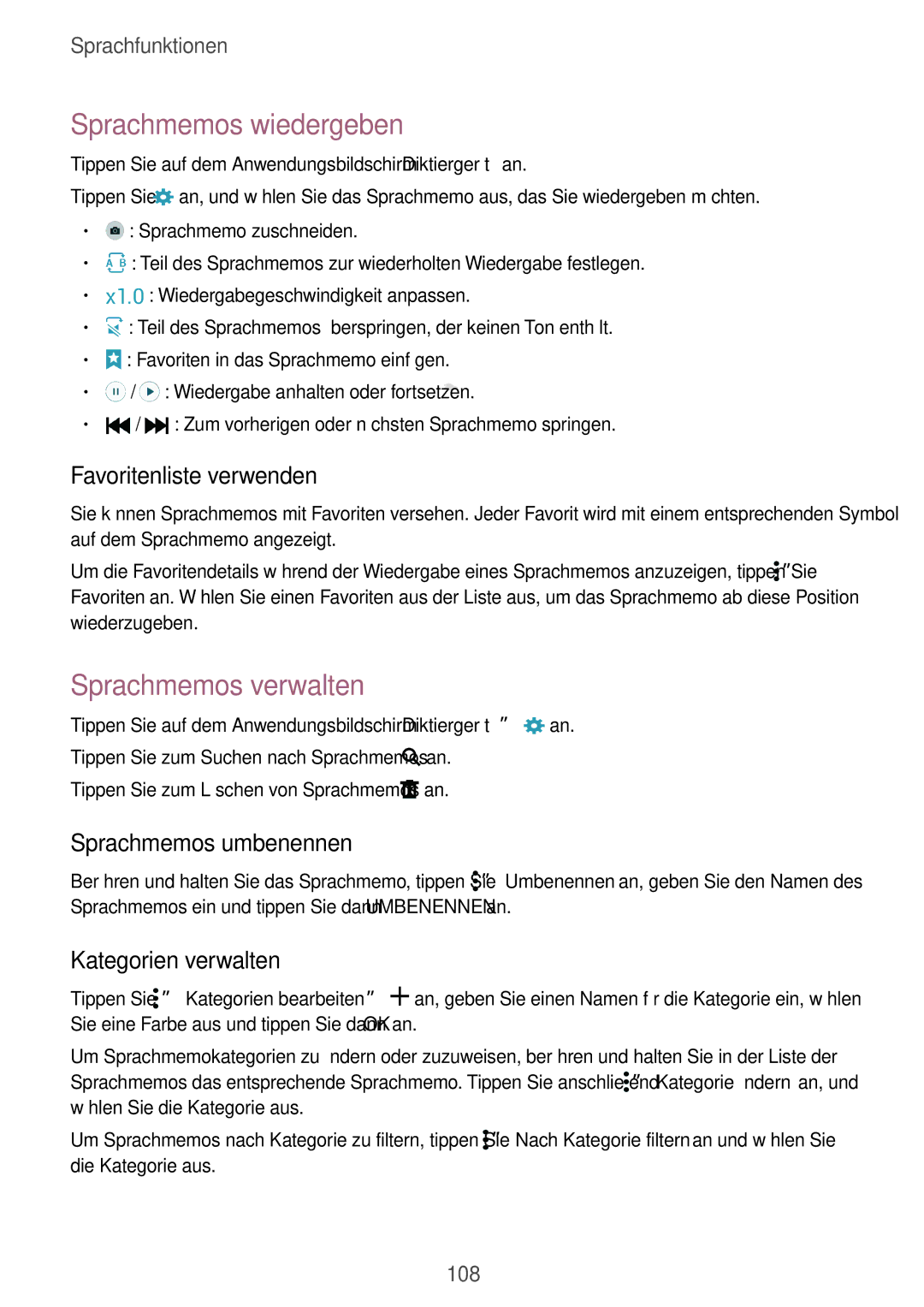 Samsung SM-G901FZWADTM Sprachmemos wiedergeben, Sprachmemos verwalten, Favoritenliste verwenden, Sprachmemos umbenennen 