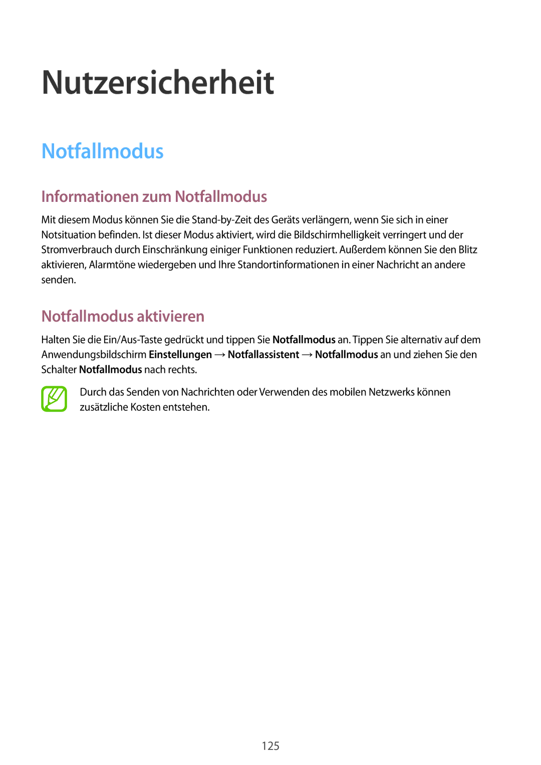 Samsung SM-G901FZWADTM, SM-G901FZKACOS manual Nutzersicherheit, Informationen zum Notfallmodus, Notfallmodus aktivieren 