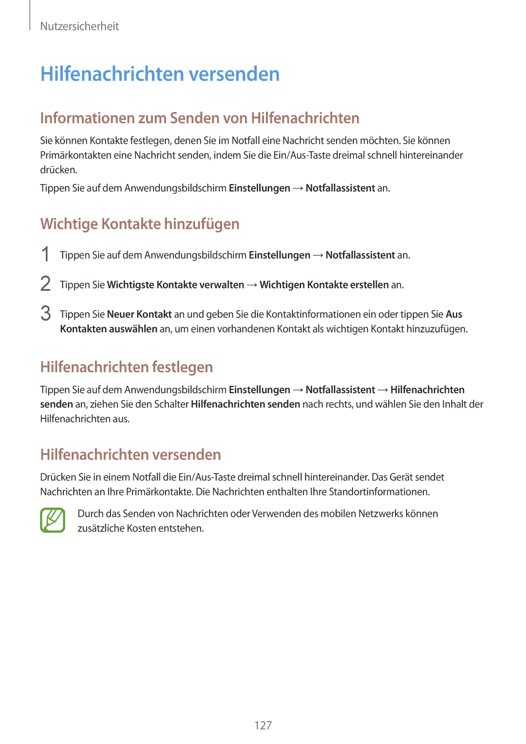 Samsung SM-G901FZKABAL, SM-G901FZKACOS manual Hilfenachrichten versenden, Informationen zum Senden von Hilfenachrichten 